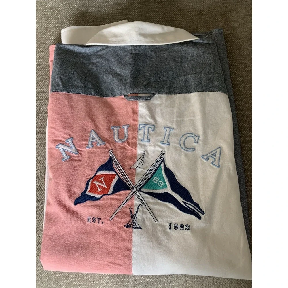 NWT‎ Nautica Button Up Shirt Men XL Embroidery Big Logo Color Block Finance Bro